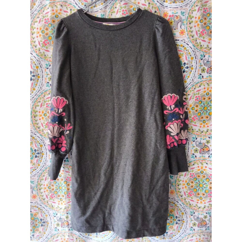 Boden Ramona Sweatshirt Dress Women’s 10 Gray 100% Cotton Floral Embroidered